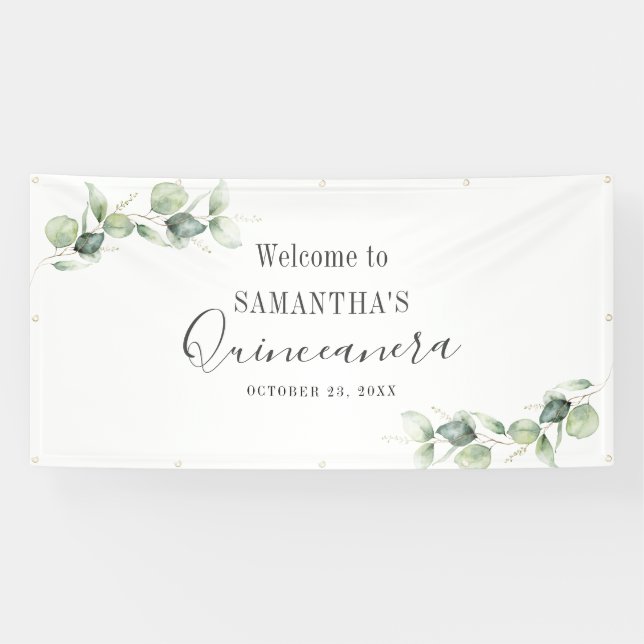 Quinceanera Eucalyptus 15th Birthday Greenery Banner (Horizontal)