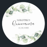 Quinceanera Eucalyptus 15th Birthday Greenery Classic Round Sticker<br><div class="desc">TIP: Matching items available in this collection. Our botanical eucalyptus birthday collection features watercolor foliage and modern typography in dark gray text. Use the "Customize it" button to further re-arrange and format the style and placement of text. Could easily be repurpose for other special events like anniversaries, baby shower, birthday...</div>