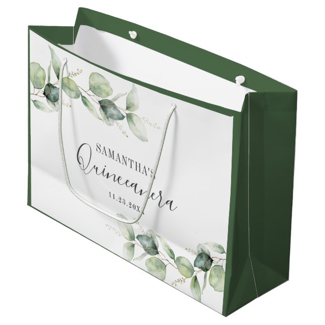  Quinceanera Eucalyptus 15th Birthday Party Large Gift Bag (Front Angled)