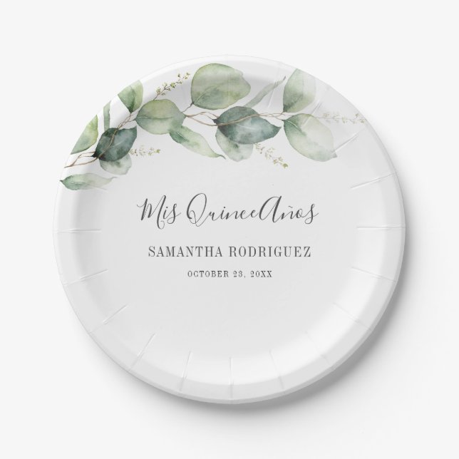Quinceanera Eucalyptus Granddaughter 15th Birthday Paper Plates (Front)