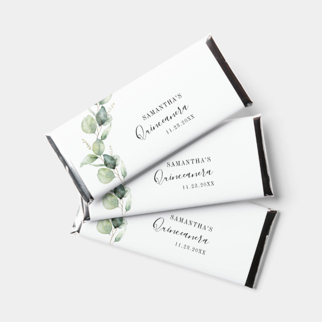 Quinceanera Eucalyptus Greenery 15th Birthday Hershey Bar Favors (Front)