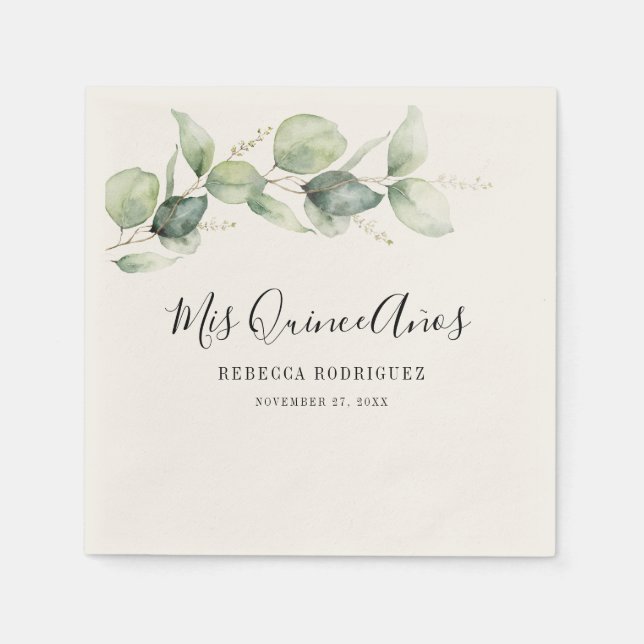 Quinceanera Eucalyptus Greenery 15th Birthday Napkins (Front)