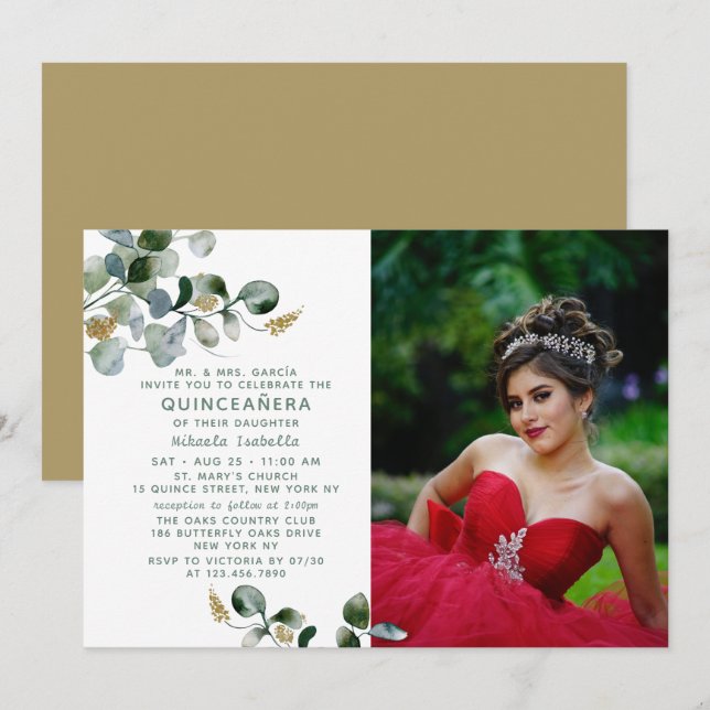 Quinceañera Eucalyptus Greenery Floral Photo Invitation (Front/Back)