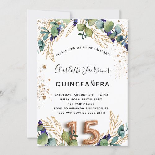 Quinceanera eucalyptus greenery glitter elegant