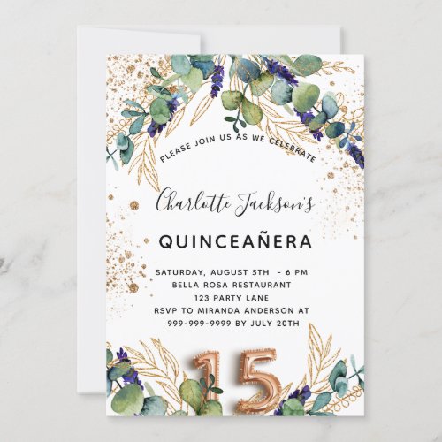 Quinceanera eucalyptus greenery glitter elegant invitation
