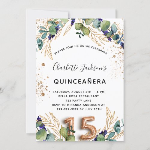 Quinceanera eucalyptus greenery glitter elegant invitation