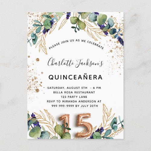 Quinceanera eucalyptus greenery glitter elegant invitation postcard