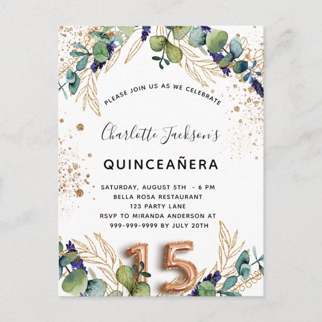 Quinceanera eucalyptus greenery glitter elegant invitation postcard (Front)