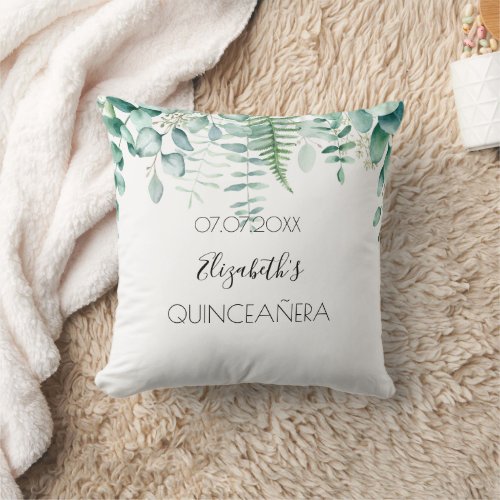 Quinceanera eucalyptus greenery name elegant throw pillow
