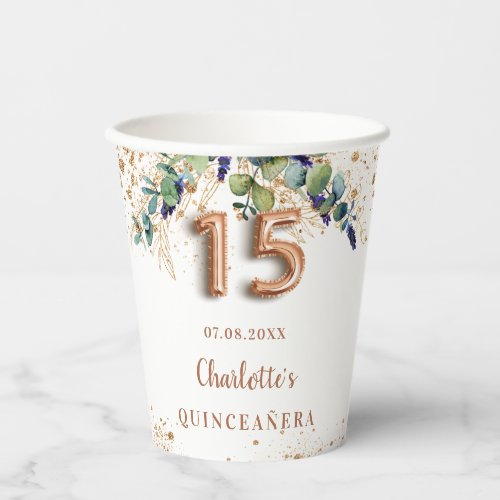 Quinceanera eucalyptus greenery rose gold name paper cups