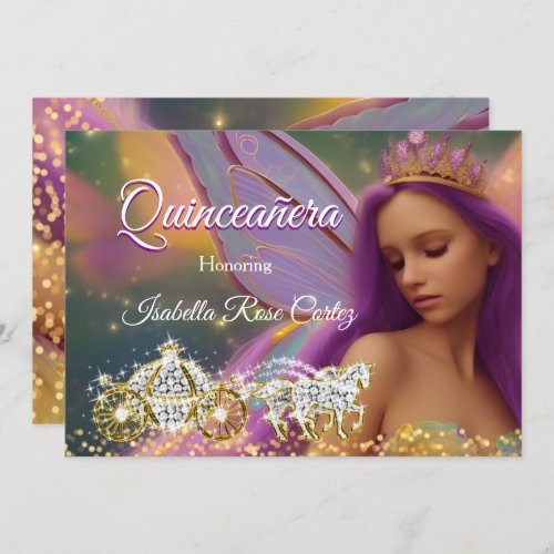 Quinceanera Fairytale Purple Pink Gold Carriage 2 Invitation