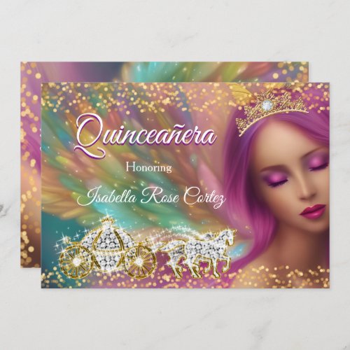Quinceaera Fairytale Purple Pink Gold Carriage Invitation