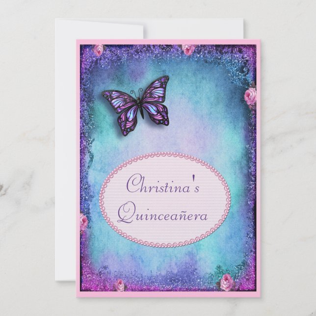 Quinceañera Faux Glitter, Butterfly, Roses & Lace Invitation (Front)