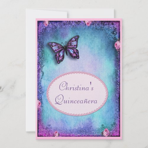 Quinceañera Faux Glitter, Butterfly, Roses &amp; Lace Custom Invitation