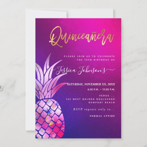 Quinceanera Faux Gold Watercolor Pineapple Save The Date