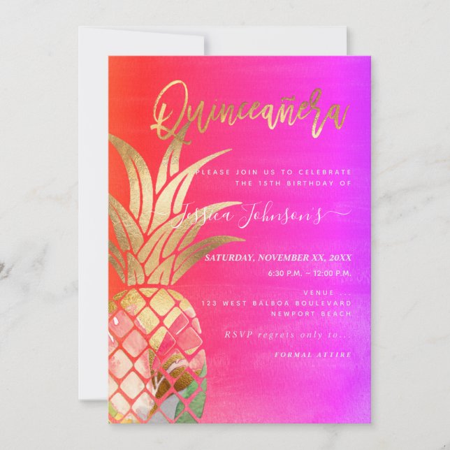 Quinceanera, Faux Gold Watercolor Pineapple Save The Date (Front)