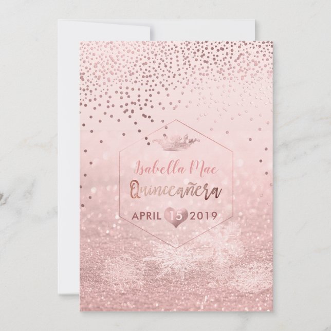 Quinceanera/Faux Rose Gold Confetti+Snow Bokeh Invitation (Front)