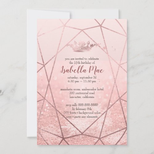 QuinceaneraFaux Rose Gold SnowflakesCrown Invitation