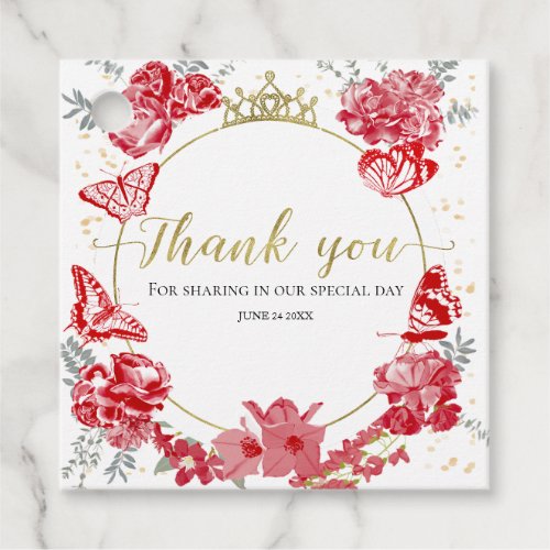 Quinceanera Favor Tags Butterfly Red Floral Gold