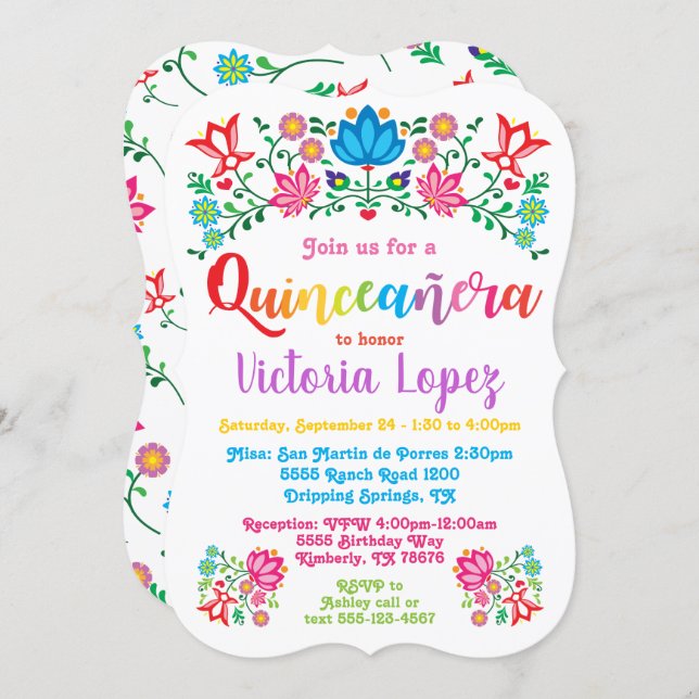 Quinceañera Fiesta Birthday Party folkart flowers Invitation (Front/Back)