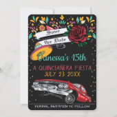 Quinceanera fiesta floral lowrider & red rose invitation (Front)
