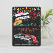 Quinceanera fiesta floral lowrider & red rose invitation (Standing Front)