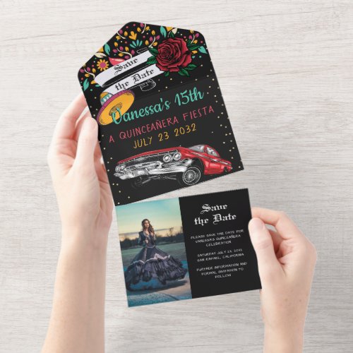 Quinceaera fiesta Floral lowrider save the date All In One Invitation