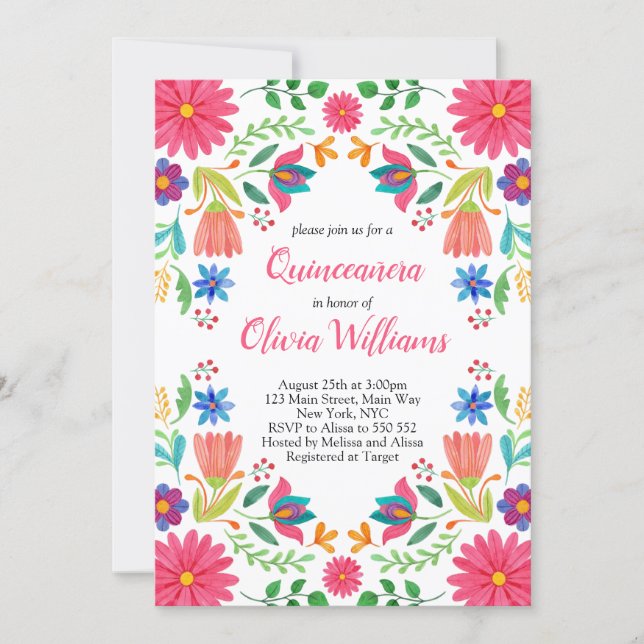Quinceanera Fiesta Floral Mexican Pink Birthday Invitation (Front)