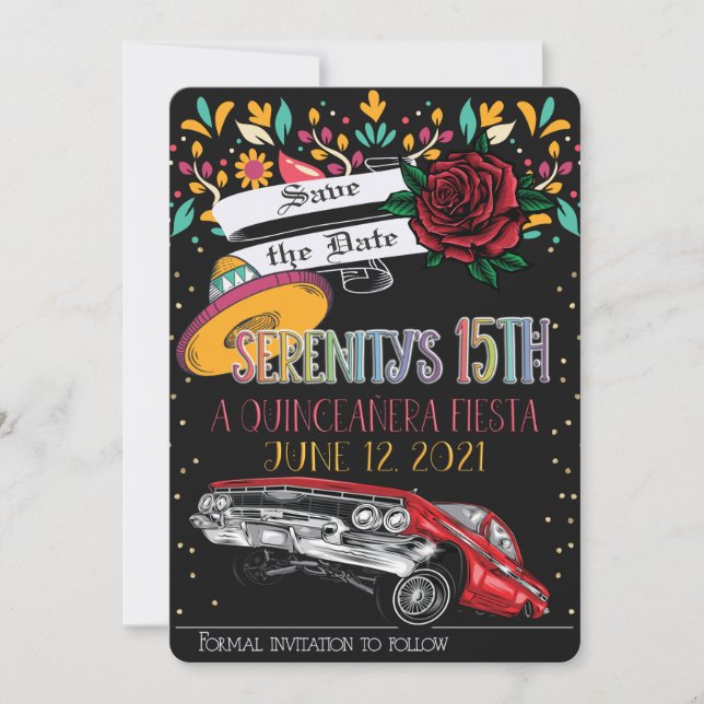 Quinceanera fiesta floral w/ lowrider & red rose invitation (Front)