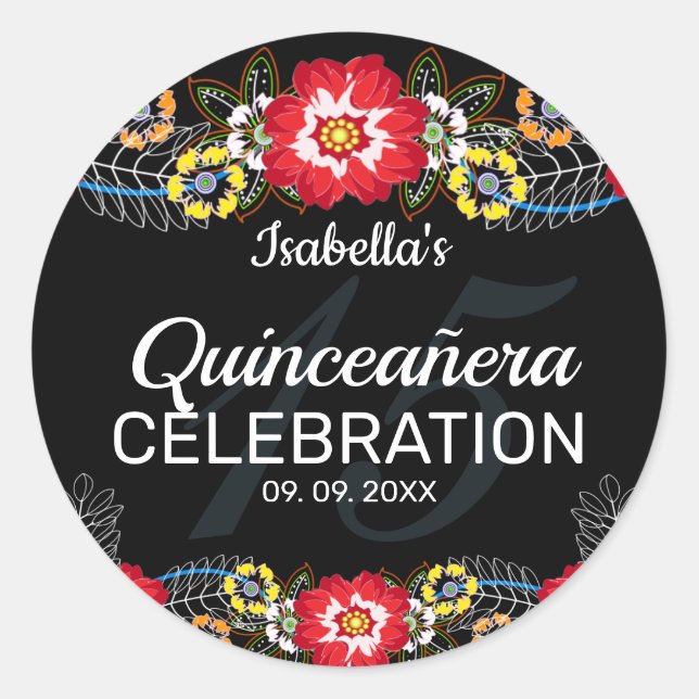Quinceañera Fiesta Folk Art Classic Round Sticker (Front)