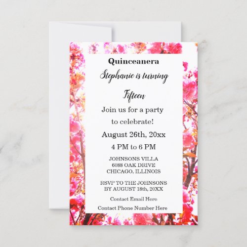 Quinceanera Fifteenth Birthday Cherry Pink Floral Invitation