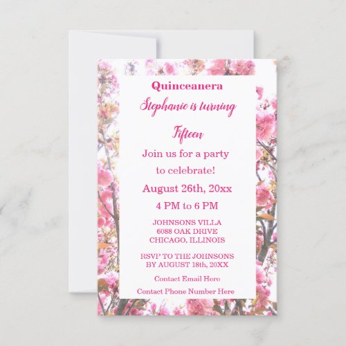 Quinceanera Fifteenth Birthday Pink Cherry Floral Invitation