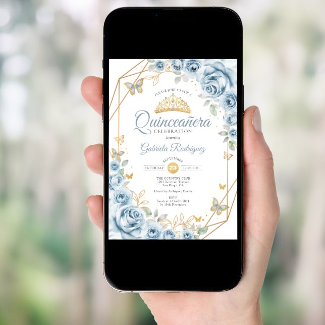 Quinceanera Floral Baby Blue Gold Invitation (Front Digital)