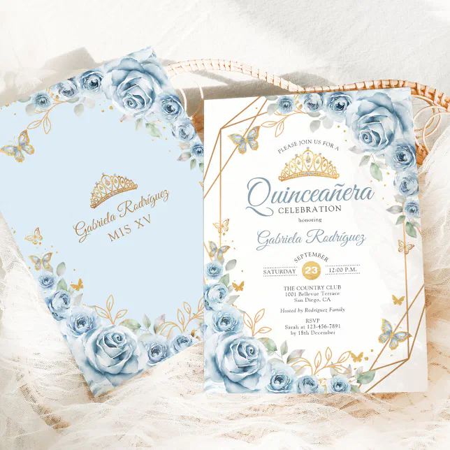 Quinceanera Floral Baby Blue Gold Invitation | Zazzle