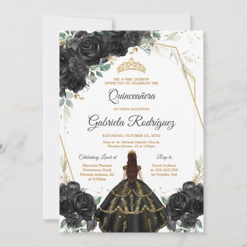 Quinceanera Floral Black Gold Invitation