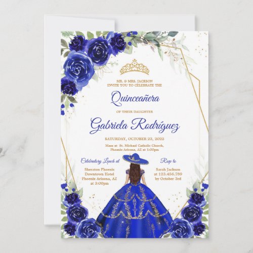 Quinceanera Floral Blue Gold Invitation