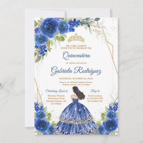 Quinceanera Floral Blue Gold Invitation