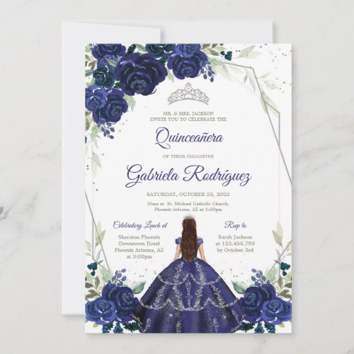 Quinceanera Floral Blue Silver Invitation