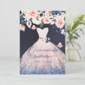 Quinceanera Floral Blush Glitter Gown Blue Navy Invitation (Standing Front)