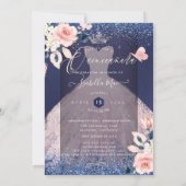 Quinceanera Floral Blush Glitter Gown Blue Navy Invitation (Back)