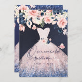 Quinceanera Floral Blush Glitter Gown Blue Navy Invitation (Front/Back)