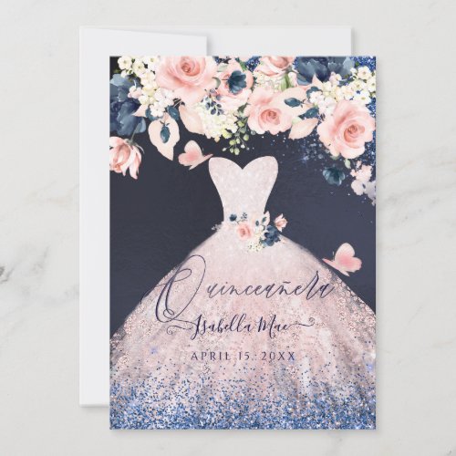 Quinceanera Floral Blush Glitter Gown Blue Navy Invitation