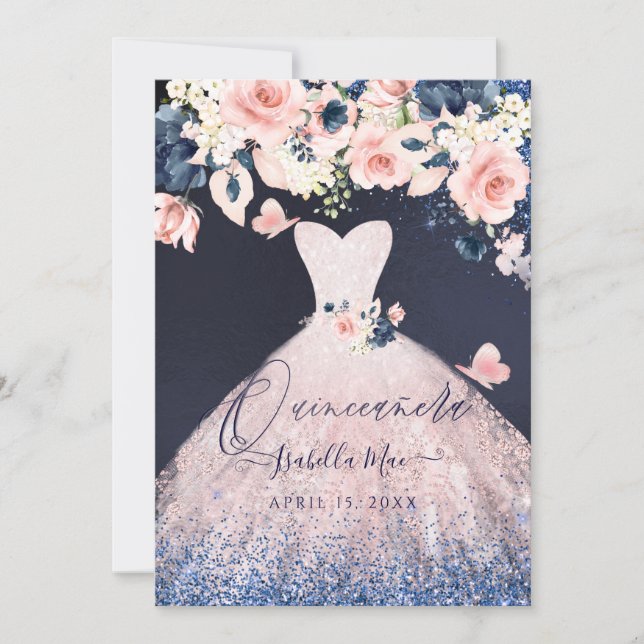 Quinceanera Floral Blush Glitter Gown Blue Navy Invitation (Front)