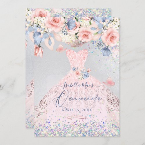 Quinceanera Floral Blush Pink Glitter Gown Invitation