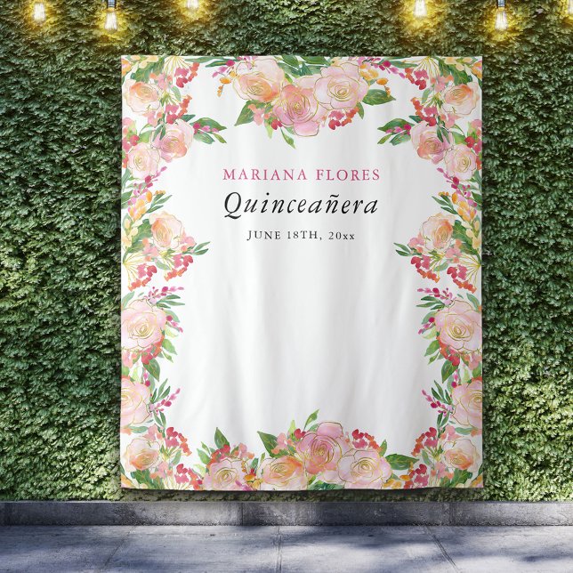 Quinceanera Floral Chic Photo Booth Backdrop (Blush pink and gold floral party backdrop from my Floral Chic Quinceanera Collection)