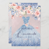 Quinceanera Floral Dusty Blue Glitter Gown Invitation (Front/Back)