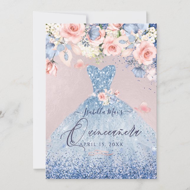 Quinceanera Floral Dusty Blue Glitter Gown Invitation (Front)