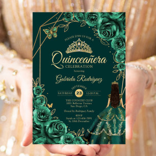 Quinceanera Floral Emerald Gold Gold Dress Invitation