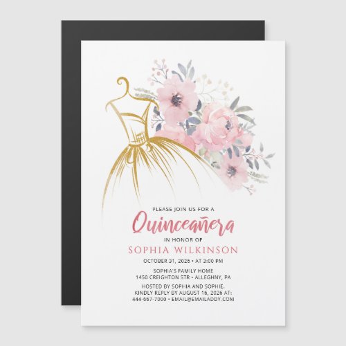 Quinceanera Floral Faux Gold Dress15th Birthday In Magnetic Invitation