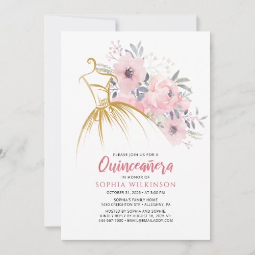 Quinceanera Floral Faux Gold Dress15th Birthday Invitation
